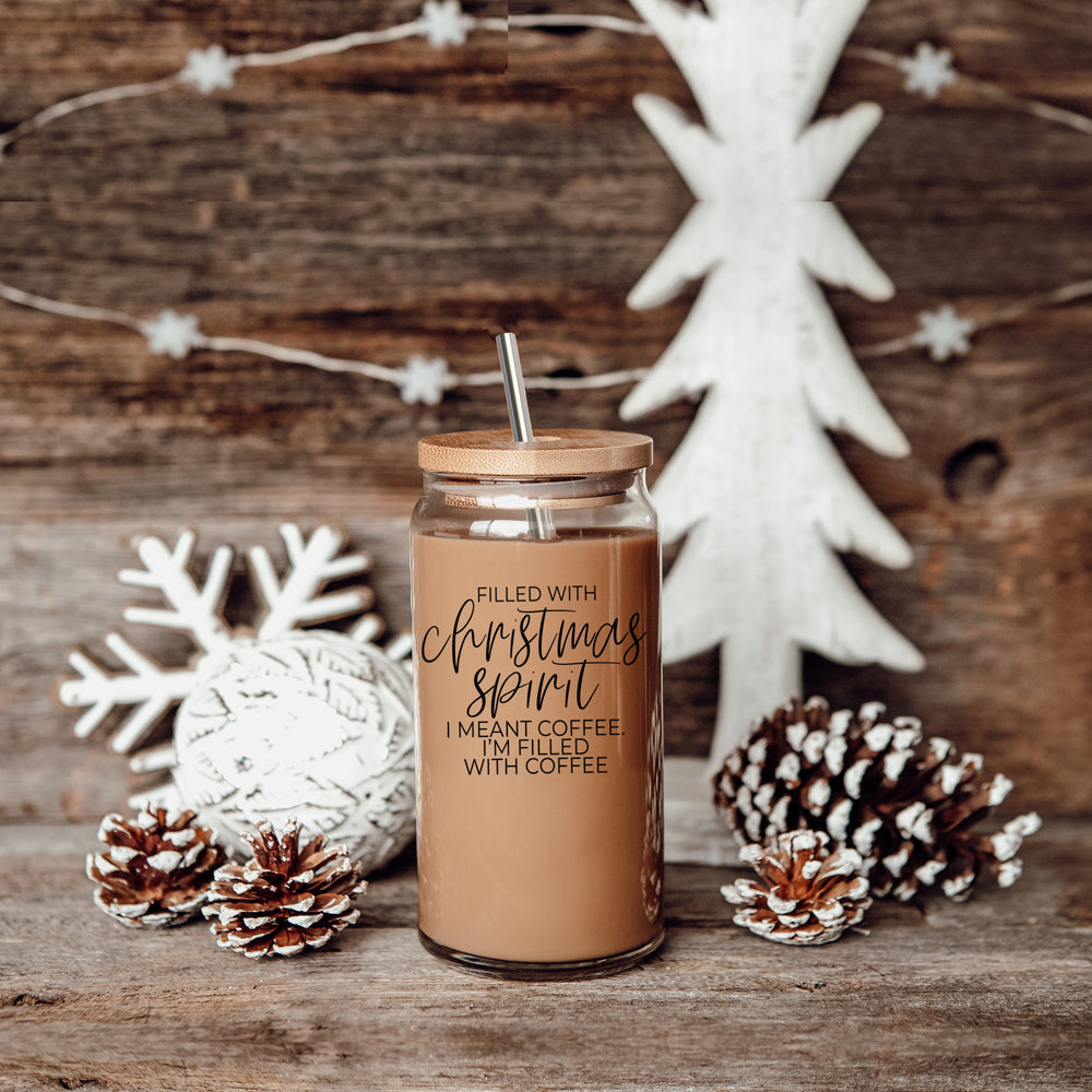 Christmas Coffee 17oz Glass Tumbler With Bamboo Lid, Stainless Straws & Cleaner
