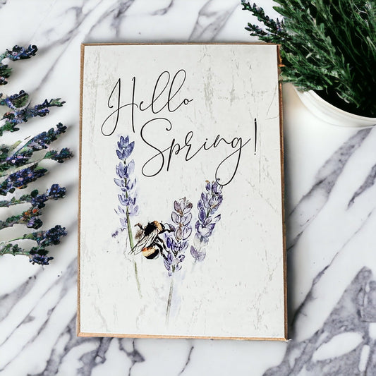 Hello Spring Wooden Block Sign Rustic Farmhouse Shelf Tabletop Decor