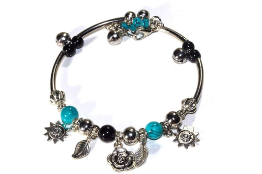 Spring Love Charm Bracelet Turquoise Beads Silver Charms