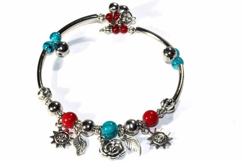 Spring Love Charm Bracelet Turquoise Beads Silver Charms