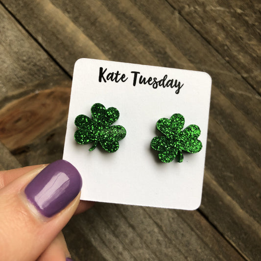St Patrick Day Green Glitter Clover Earrings For Women