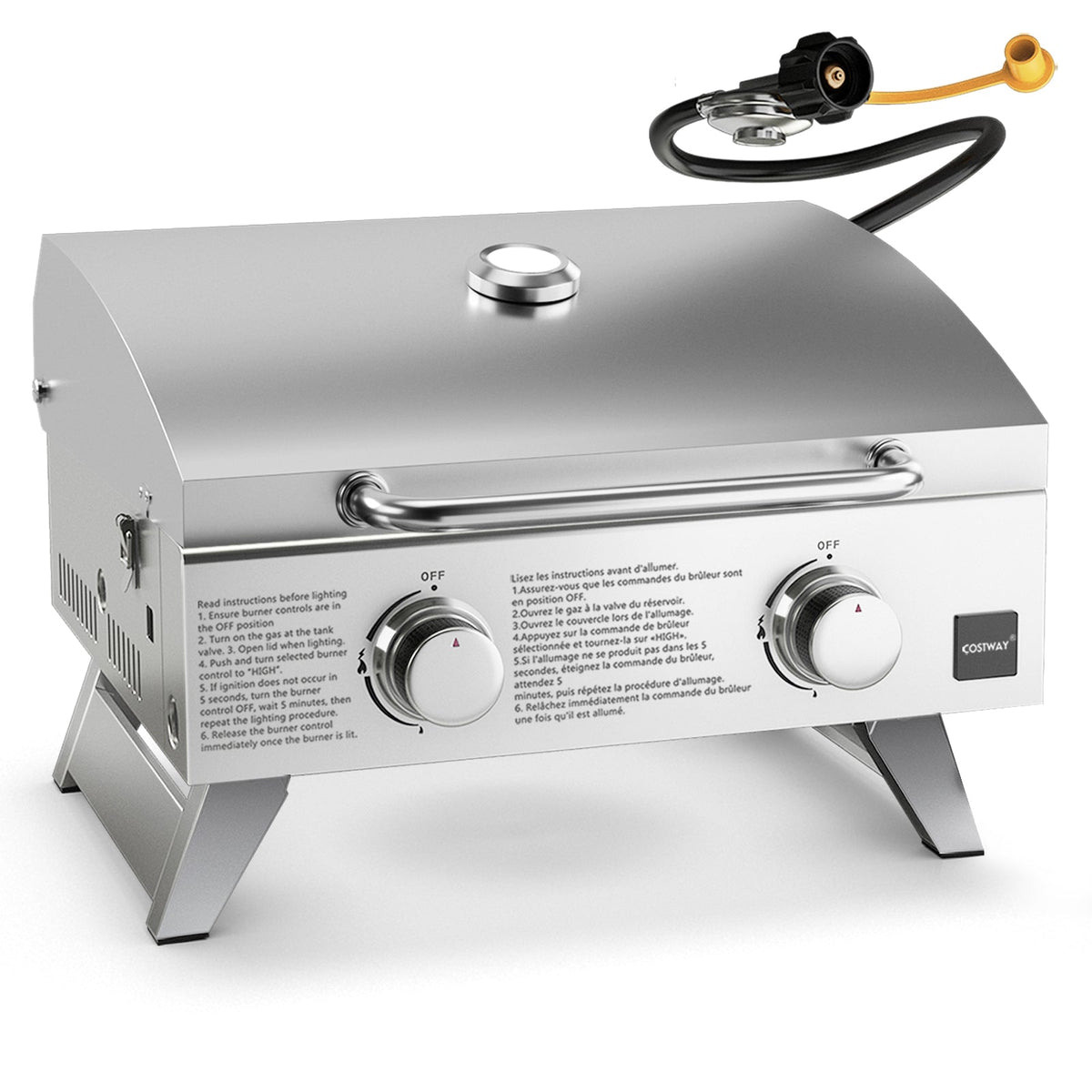 Stainless Steel Propane Grill with Lid for Outdoor Camping Tailgating Picnic Party-Silver