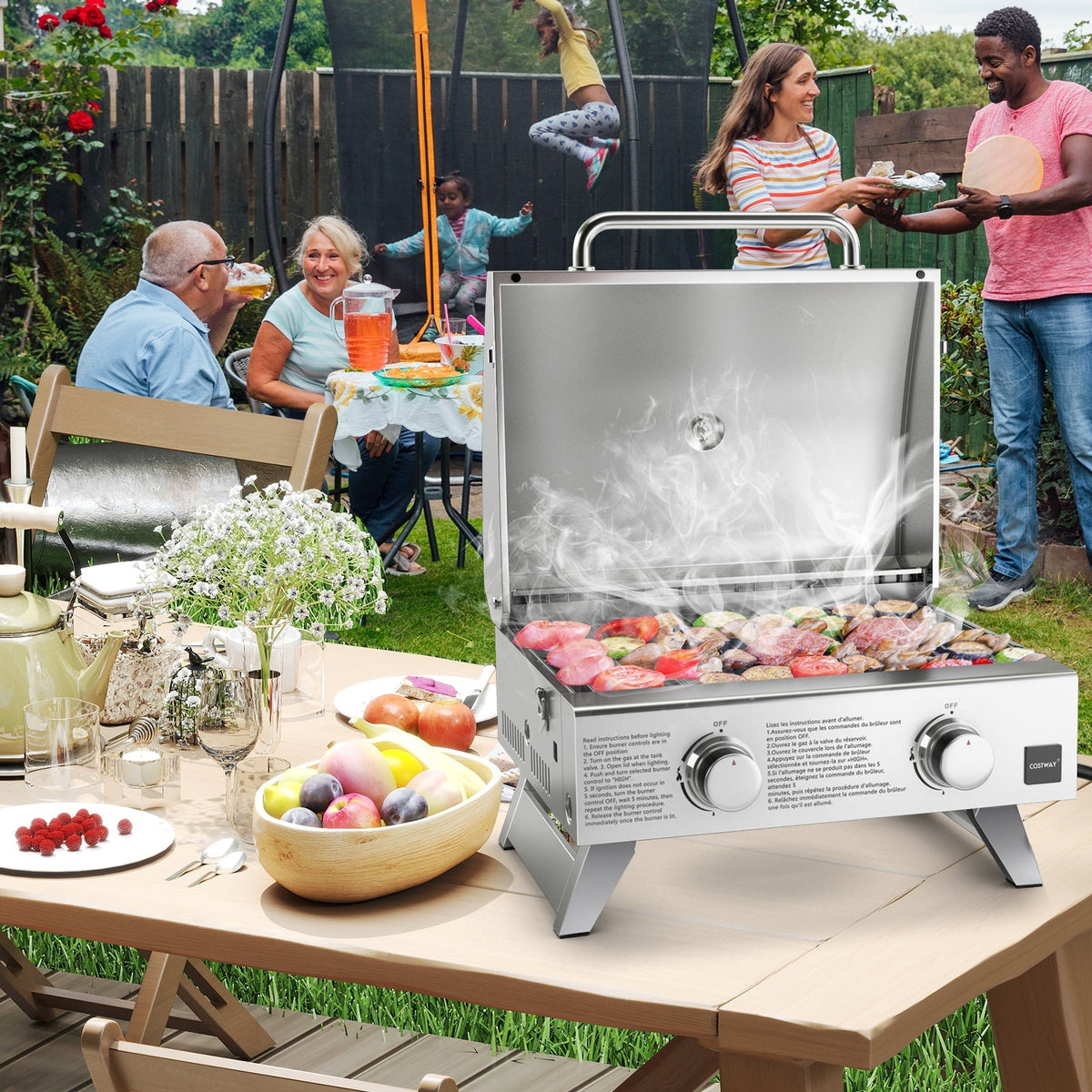 Stainless Steel Propane Grill with Lid for Outdoor Camping Tailgating Picnic Party-Silver
