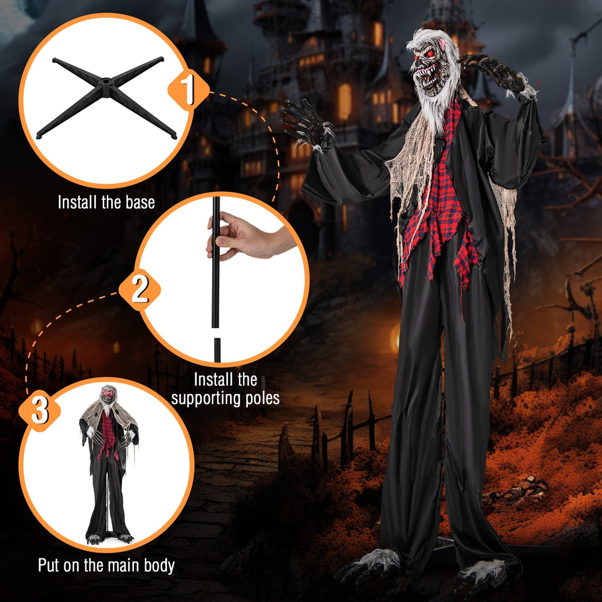 8.2 FT Standing Animatronic Werewolf with Howling Sounds Red Flashing Eyes and Poseable Arms