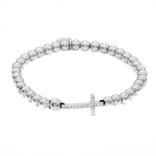Steel Beaded Stretch Bracelet With Skull And Pave Cross