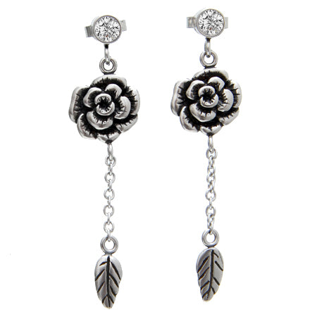 Sterling Floral Hibiscus Dangle Earrings With Leaves