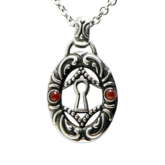 Sterling Keyhole Pendant Necklace With Red Stone Accent