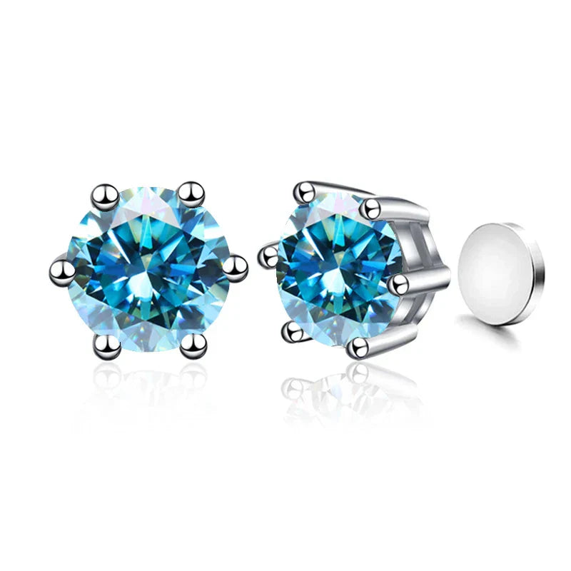 Sterling Silver 925 1ct Moissanite 6-Claw Stud Earrings Unisex Magnetic Hole