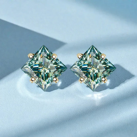 Sterling Silver 925 Green Princess Cut Moissanite Stud Earrings For Women