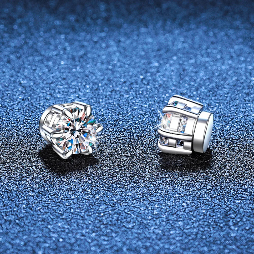 Sterling Silver 925 1ct Moissanite 6-Claw Stud Earrings Unisex Magnetic Hole