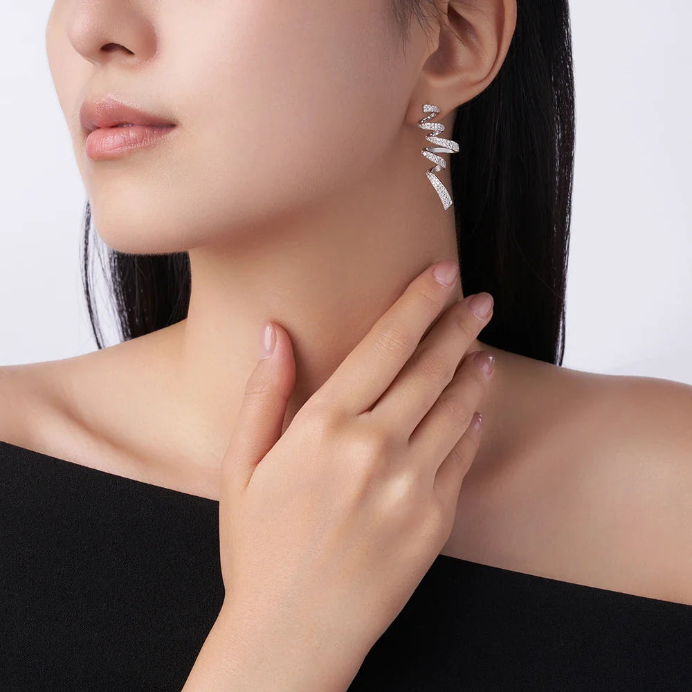 Sterling Silver 925 Moissanite Spiral Drop Earrings For Women Twisted Elegant