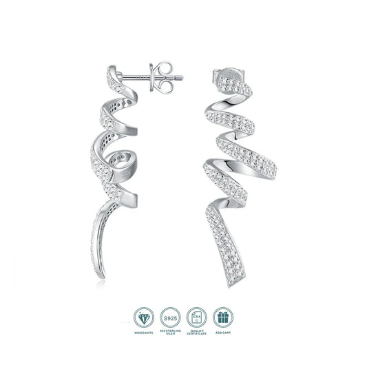 Sterling Silver 925 Moissanite Spiral Drop Earrings For Women Twisted Elegant
