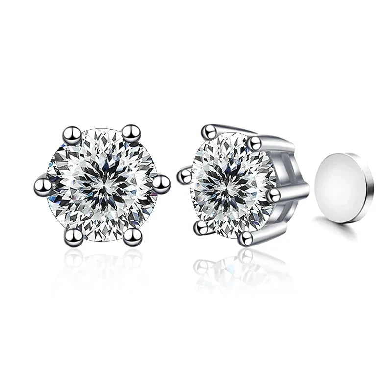 Sterling Silver 925 1ct Moissanite 6-Claw Stud Earrings Unisex Magnetic Hole