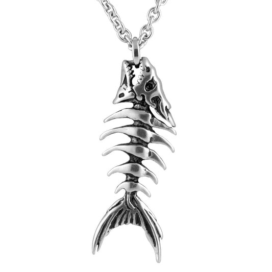 Sterling Silver Fish Bone Pendant Necklace Unisex With Rope