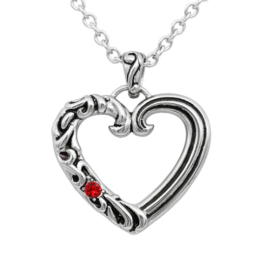 Sterling Silver Heart Necklace With Red Crystal Accent