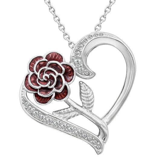 Sterling Silver Heart Necklace With Red Rose Crystals