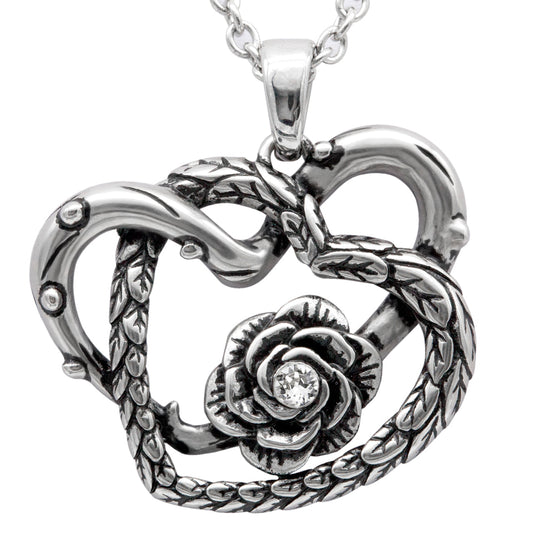 Sterling Silver Heart Pendant Necklace With Rose Charm