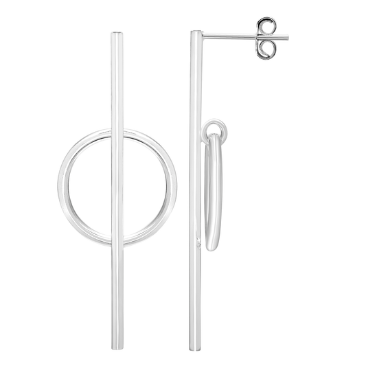 Sterling Silver Long Line Circle Stud Earrings Minimal