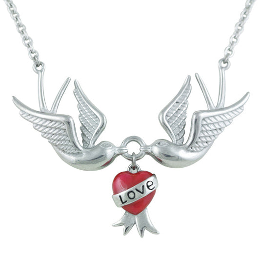Sterling Silver Love Swallows Heart Pendant Necklace