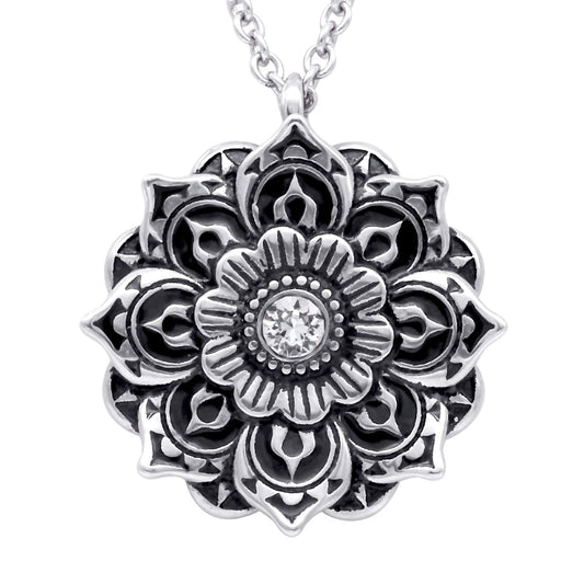 Sterling Silver Mandala Necklace With CZ Center Pendant