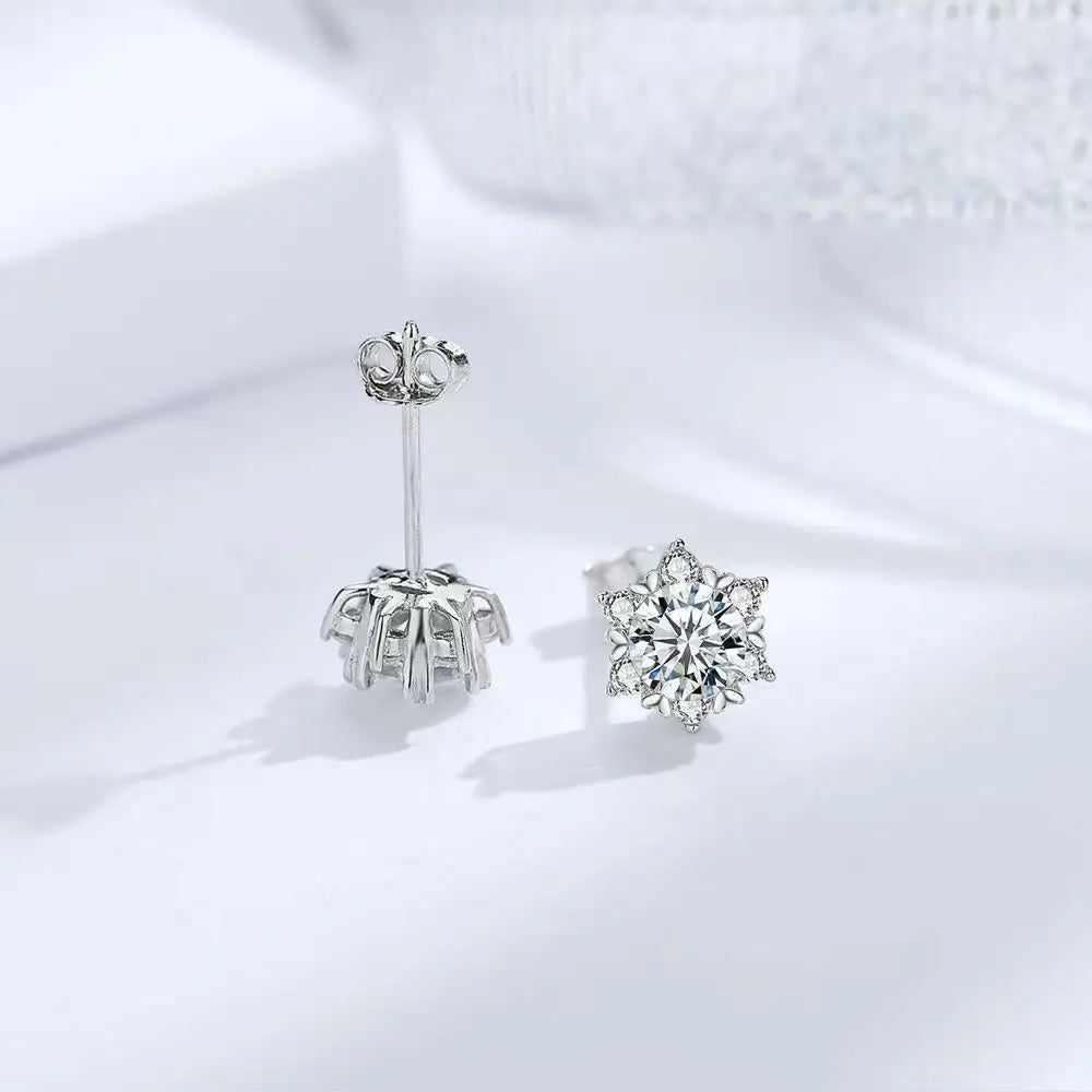 Sterling Silver Moissanite Snowflake Stud Earrings 6-Claw Valentines Gift