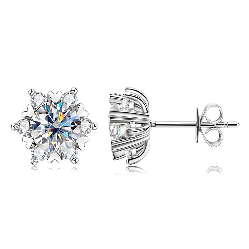 Sterling Silver Moissanite Snowflake Stud Earrings 6-Claw Valentines Gift