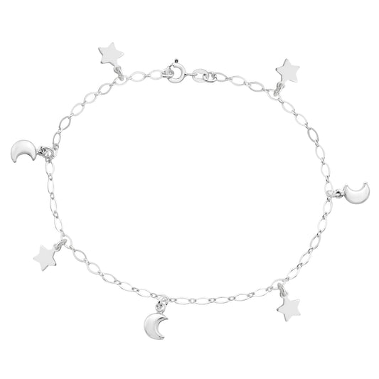 Sterling Silver Star And Moon Charm Anklet Adjustable