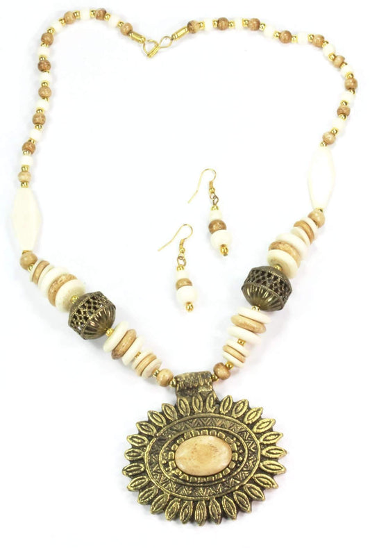 Sun Mandala Flower Pendant Necklace And Earring Set