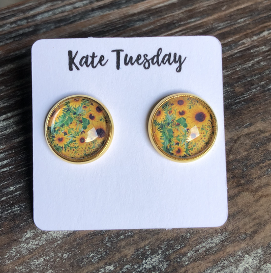 Sunflower 12mm Round Stud Earrings Gold Plated Accent