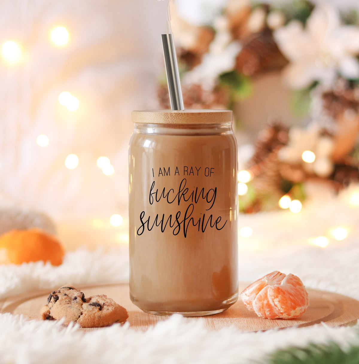 17oz Glass Tumbler With Bamboo Lid, 2 Stainless Straws and Cleaner, Sassy