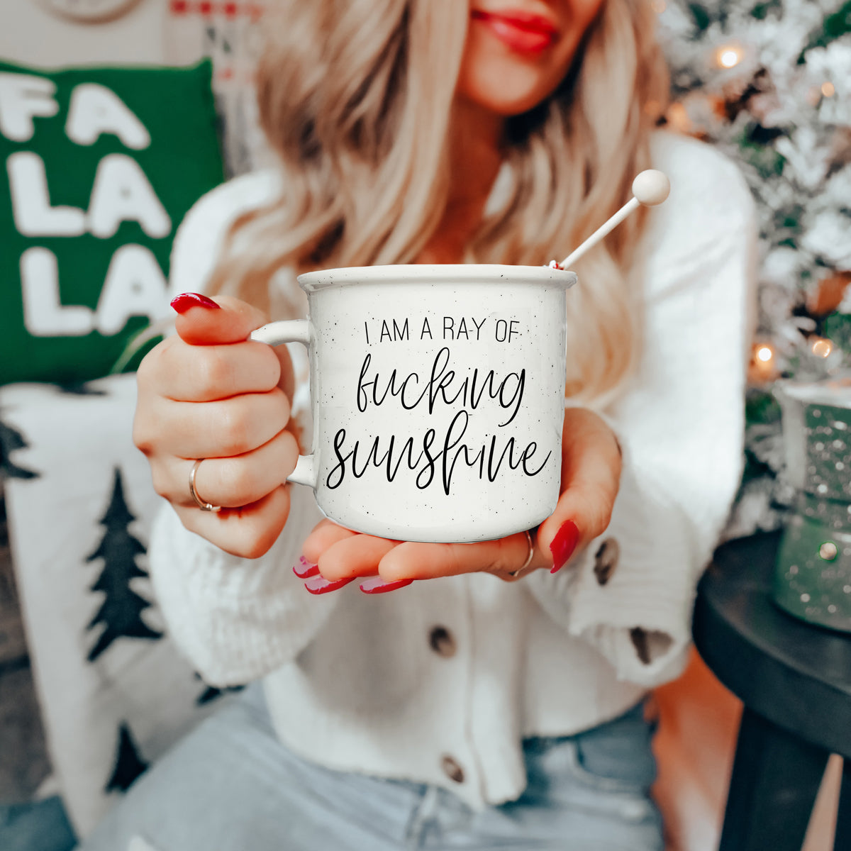 14.5oz Ceramic Campfire Mug White Sesame Glaze Speckled Ivory Black Lettering Design Both Sides Gift