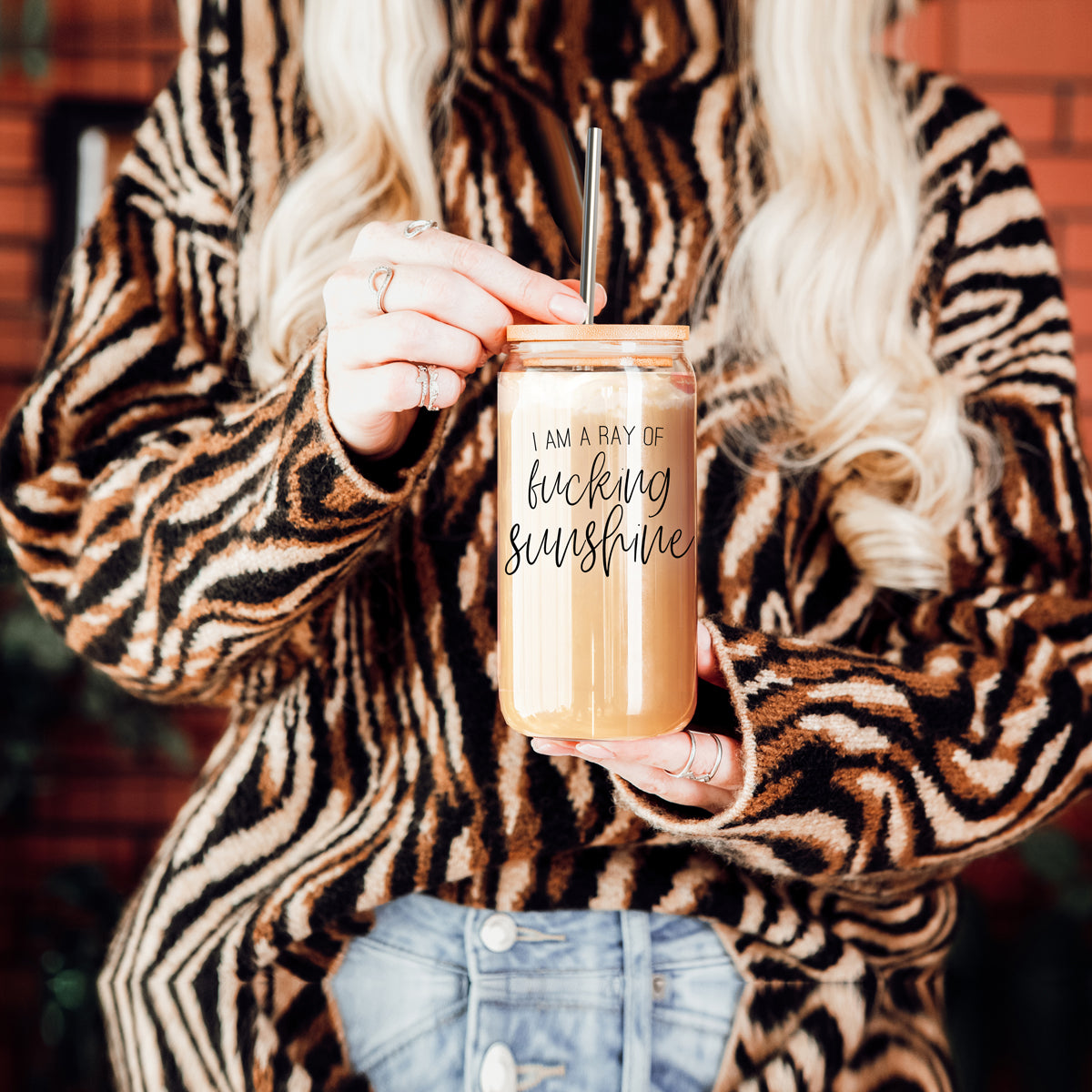 17oz Glass Tumbler With Bamboo Lid, 2 Stainless Straws and Cleaner, Sassy