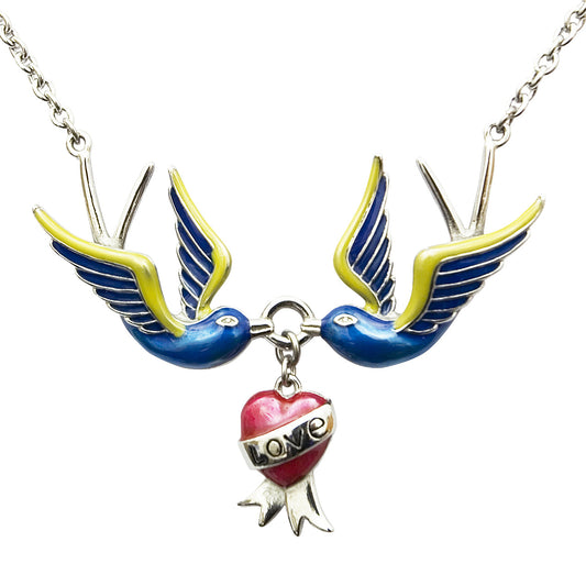 Swallow Enamel Necklace With Love Charm Vintage Dainty