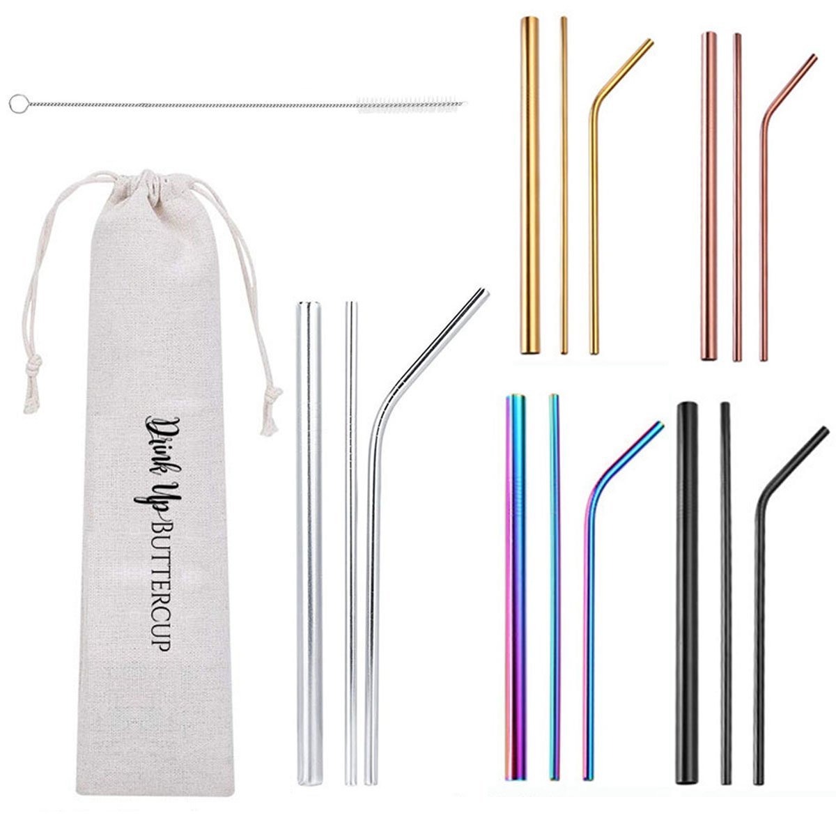 Stainless Steel Reusable Straw Set 5-Piece With Cleaner Bag Eco Dishwasher