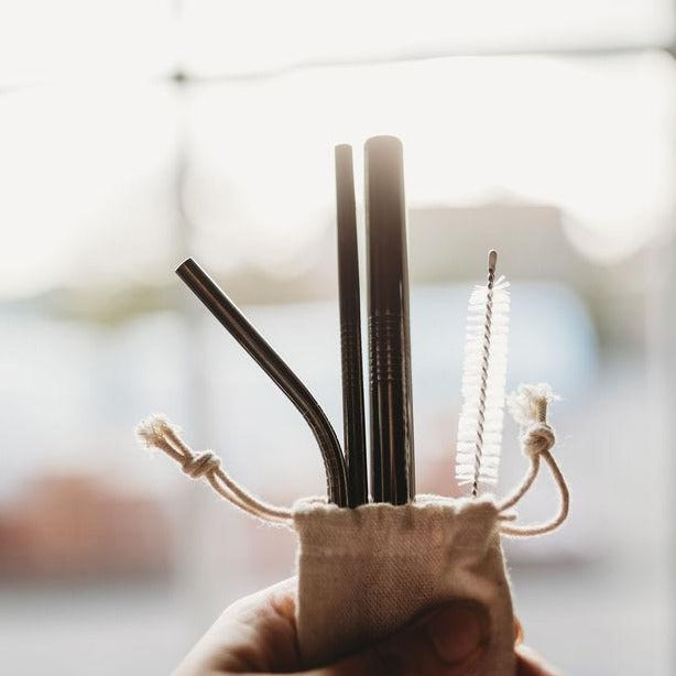 Stainless Steel Reusable Straw Set 5-Piece With Cleaner Bag Eco Dishwasher