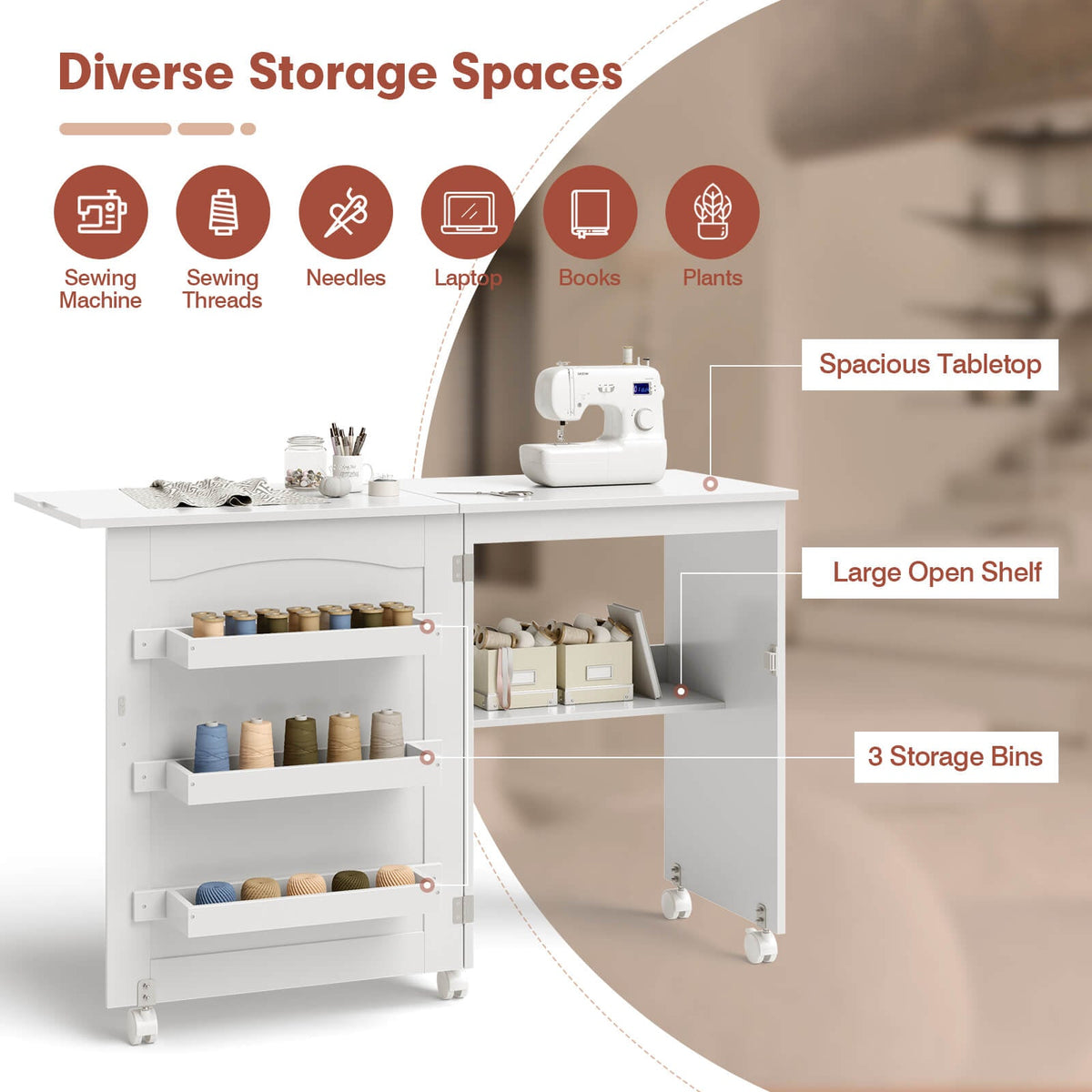 Folding Sewing Craft Table Shelf Storage Cabinet Home Furniture
