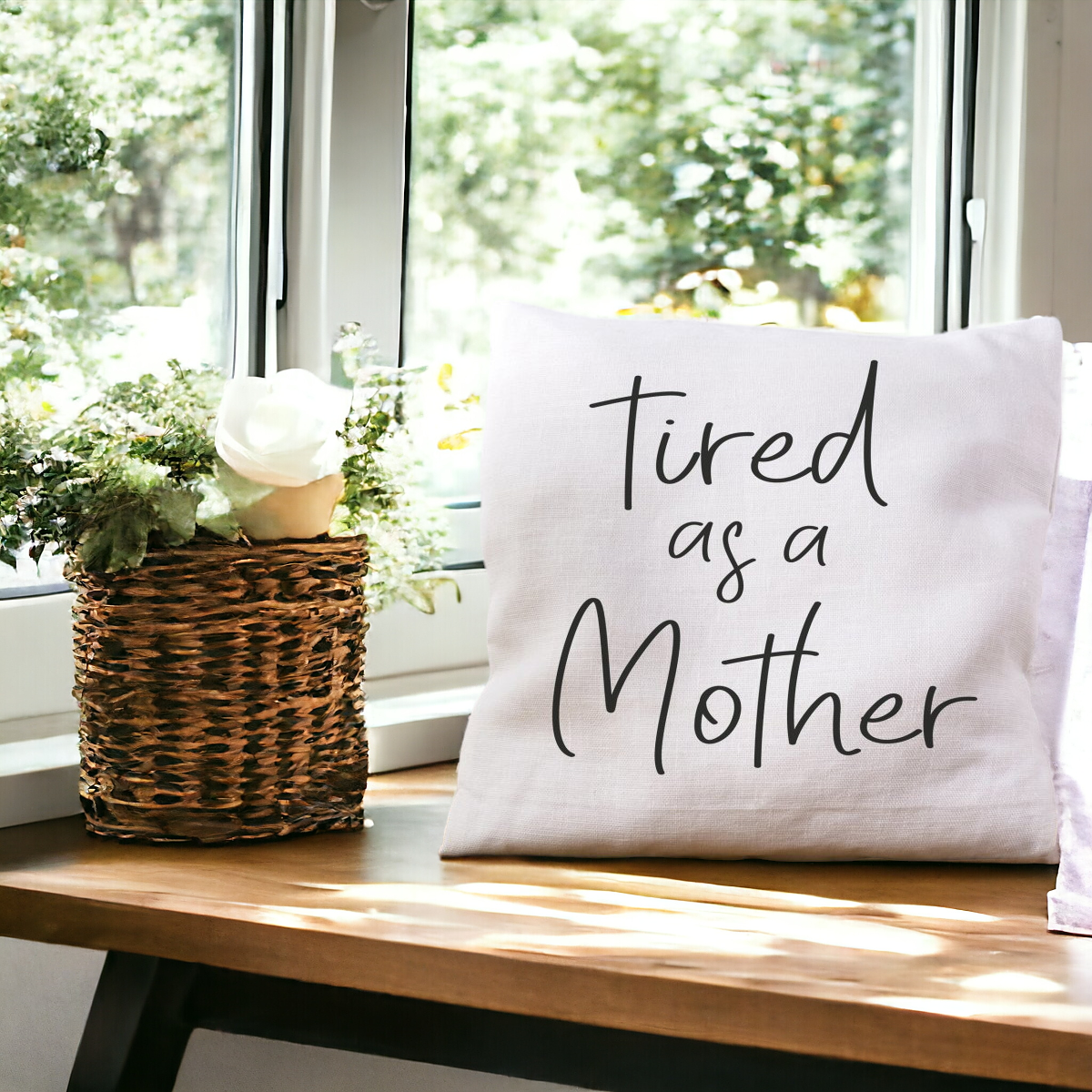 Embroidered 18x18 Linen Pillow Cover Tired As A Mother Removable Washable Insert