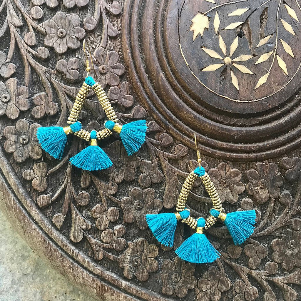 Tassel Fringe Earrings Boho Indian Cotton Tassels Handmade 3 Colors