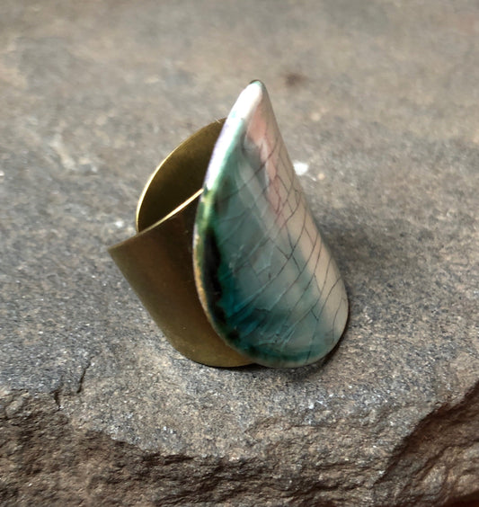 Teal Ceramic Adjustable Cocktail Statement Wide Band Ring