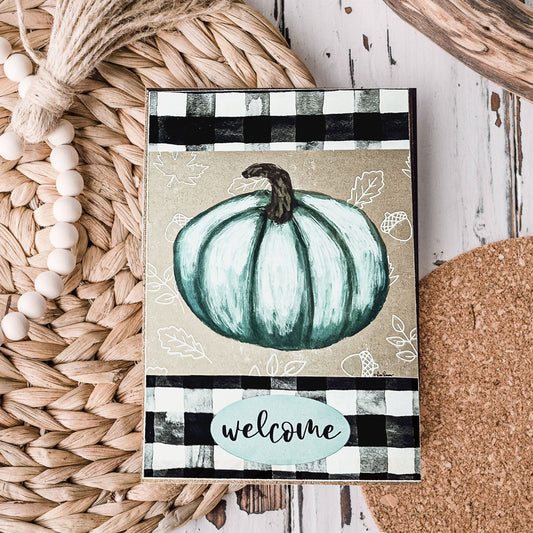 Teal Pumpkin Welcome Sign 6x4x1 Handmade Wood Halloween Gingham Accent