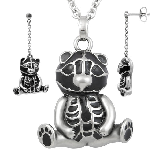 Teddy Bear Cute Necklace Earrings Set Silver Pendant
