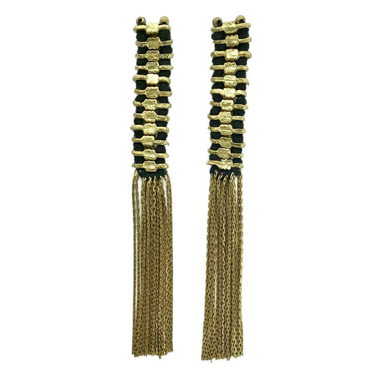 Temple Tassel Earrings Boho Indian Statement Cotton Thread Zinc Alloy 4.5in