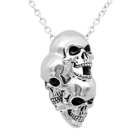 Three Headed Skull Pendant Necklace Gothic Silver Mens