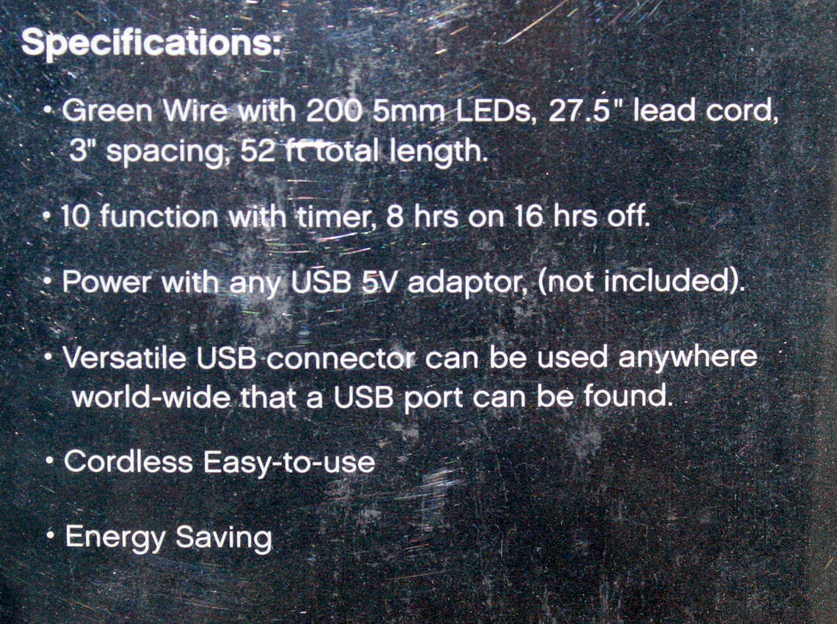 USB powered 200 LED (52 foot) Green Wire Multifunction Lights with Timer - Cool White