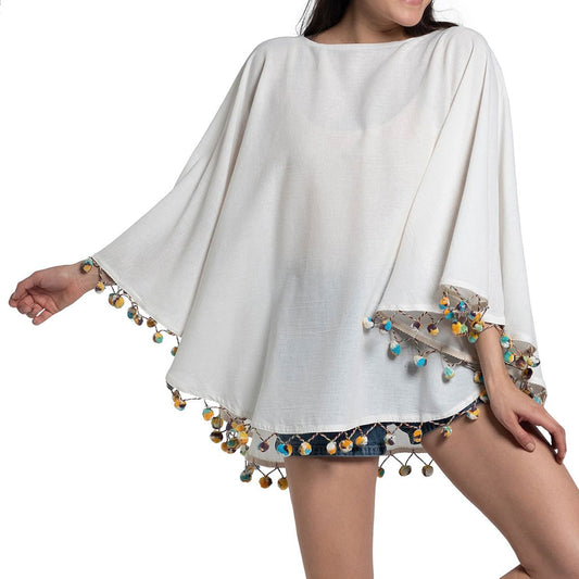 Turkish Cotton Pom Pom Tunic Beach Cover Up One Size Resort Swim Cover