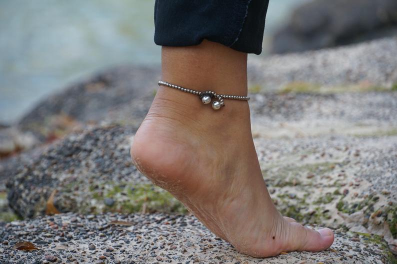 Turquoise Beaded Boho Silver Anklet Adjustable Chain