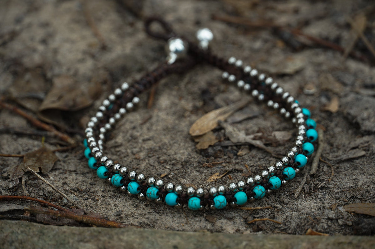 Turquoise Beaded Boho Silver Anklet Adjustable Chain