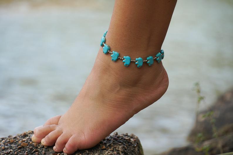 Turquoise Elephant Boho Anklet Silver Beaded Foot Jewelry