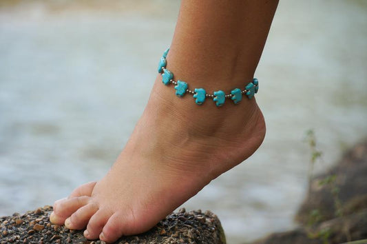 Turquoise Elephant Boho Anklet Silver Beaded Foot Jewelry
