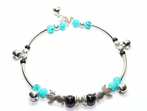 Turquoise Fish Charm Beaded Bracelet Adjustable Boho
